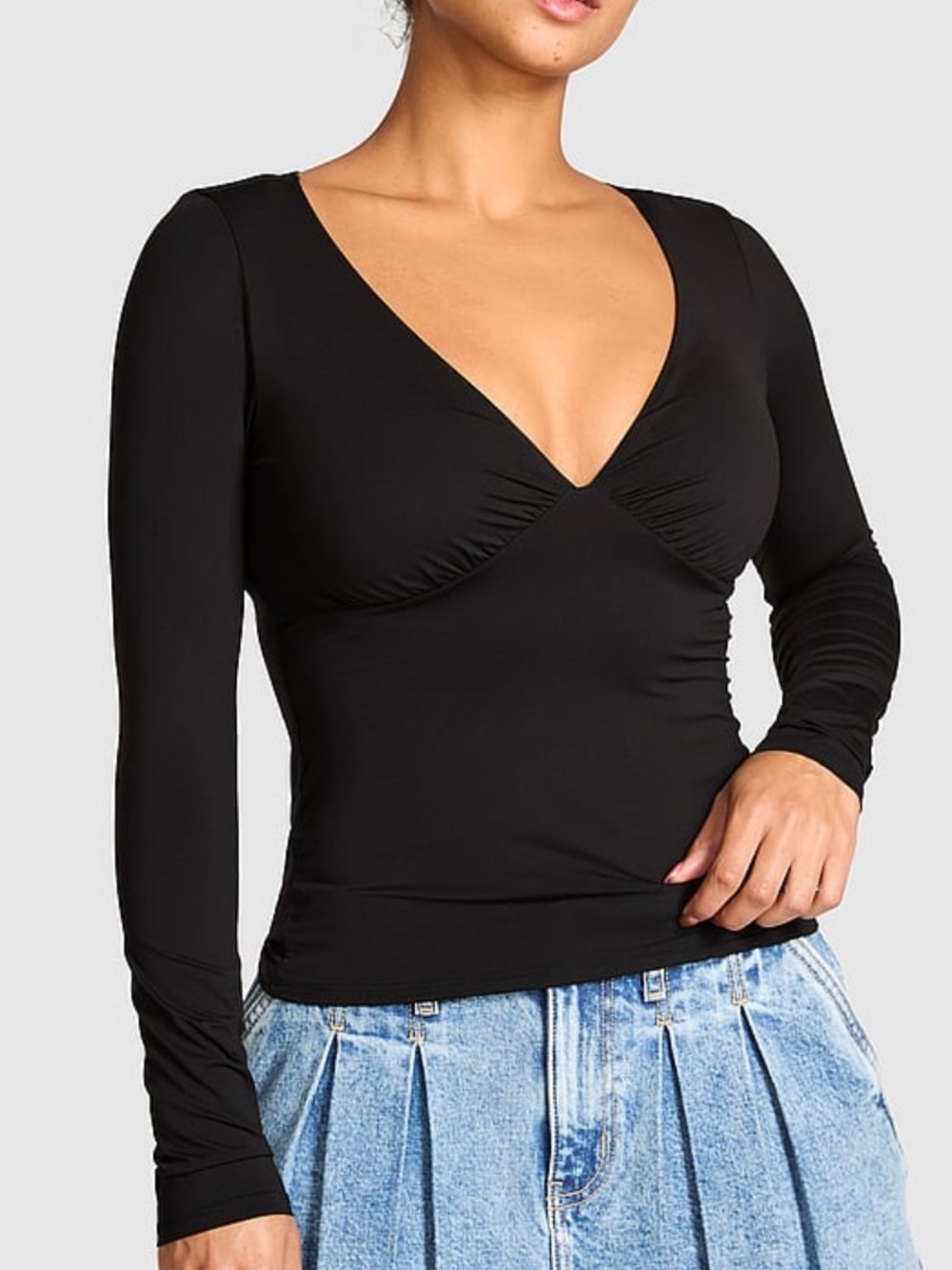 PINK Victoria's Secret Base Stretch Black Long Sleeve Deep V Plunge Top